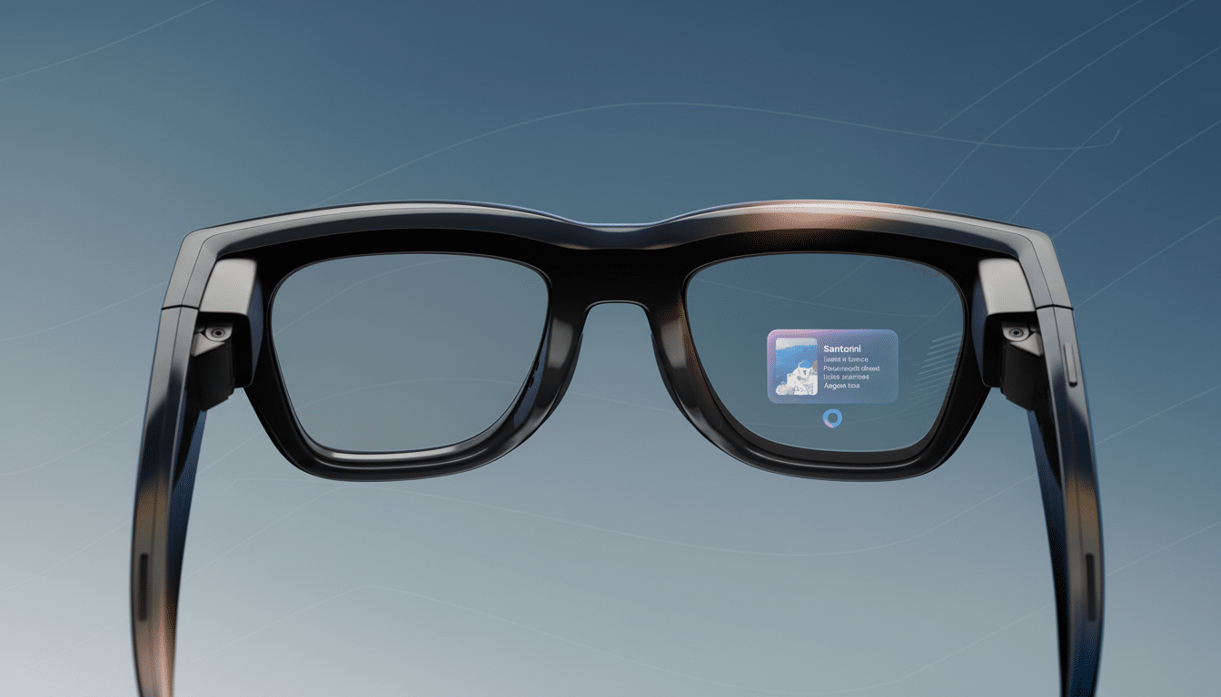 A pair of smart glasses with a holographic display showing information about Santorini.