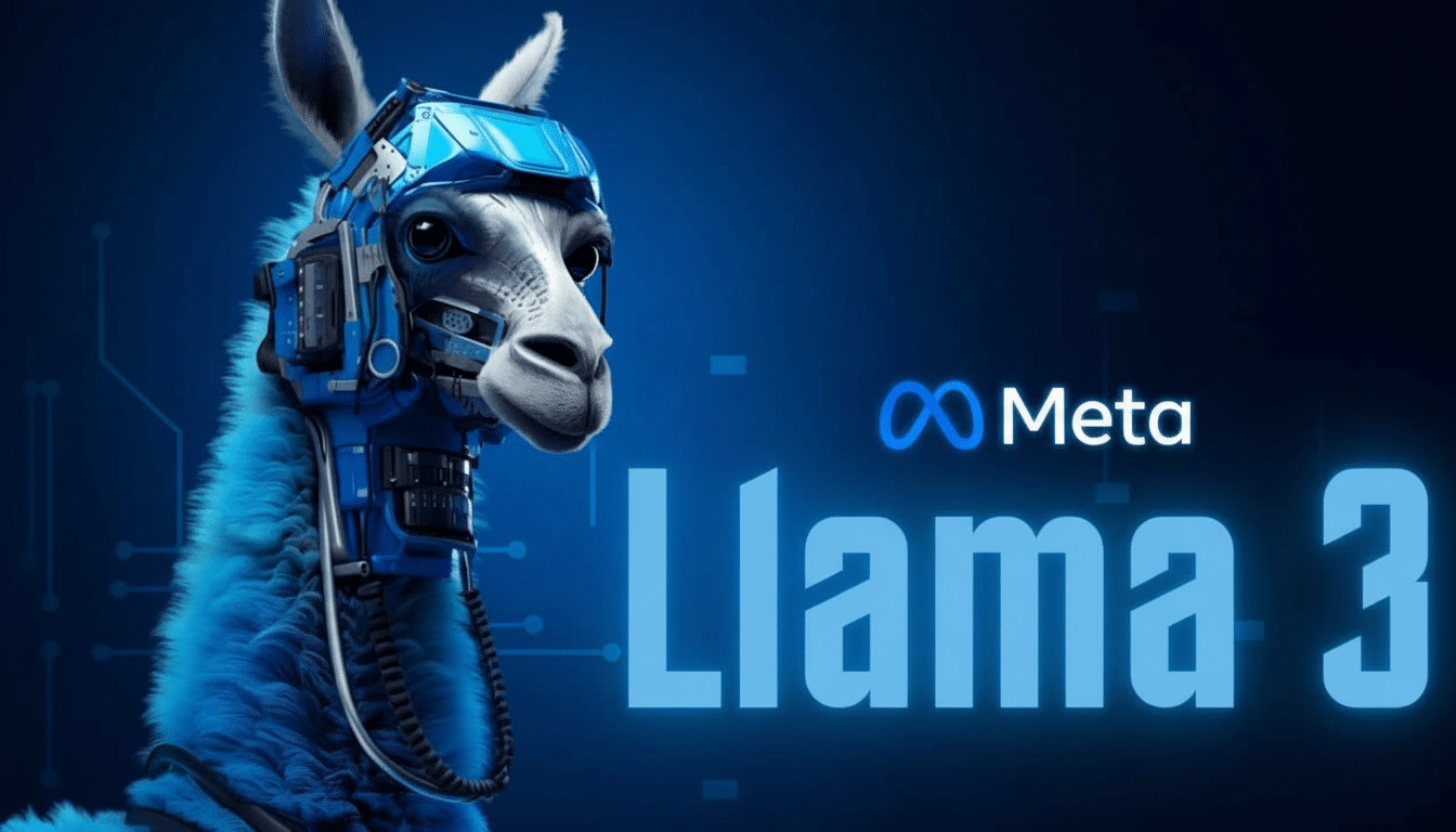 An image featuring a llama with blue, tech-like head gear, and blue fur on its neck, set against a dark blue background. To the right, the Meta logo a