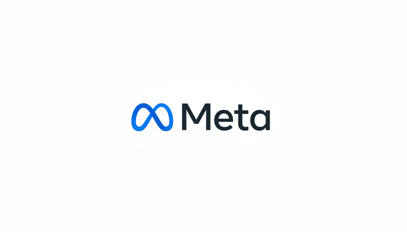 text : The Meta logo, featuring a blue infinity symbol next to the word Meta in dark gray, present