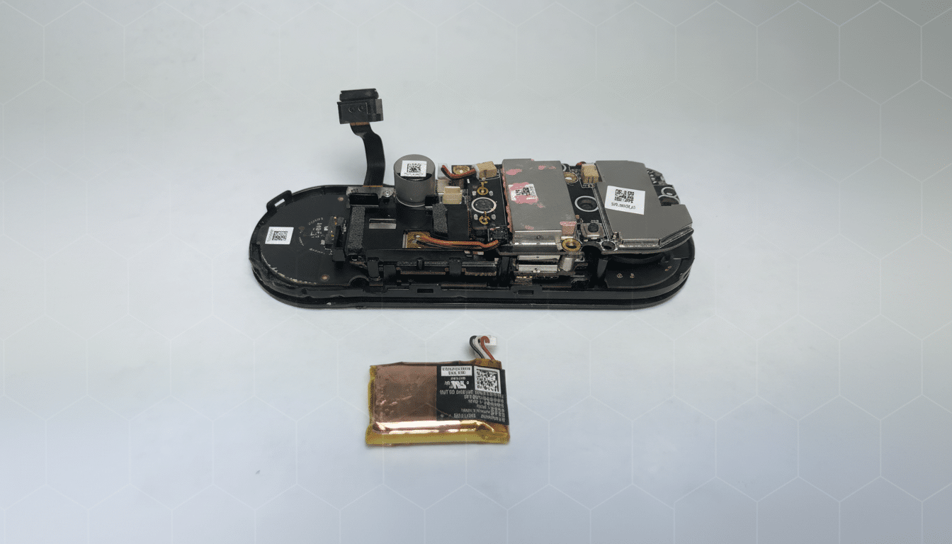 An internal view of a disassembled Meta Quest 2 headset with its battery separated, showcasing the device s intricate electronic components on a light