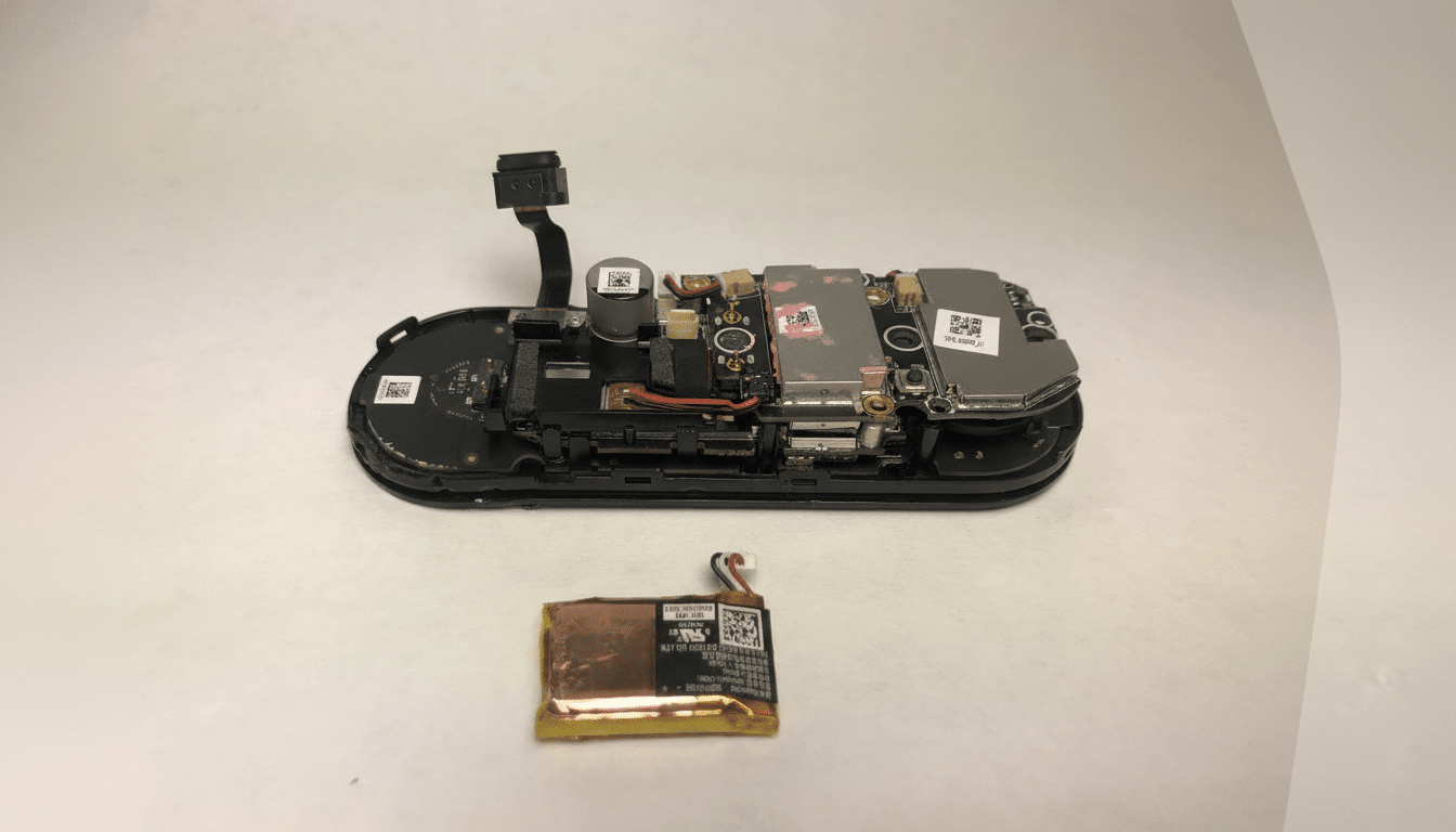 An internal view of a disassembled Meta Quest 2 headset , showing the circuit board, various components, and a detached battery pack .