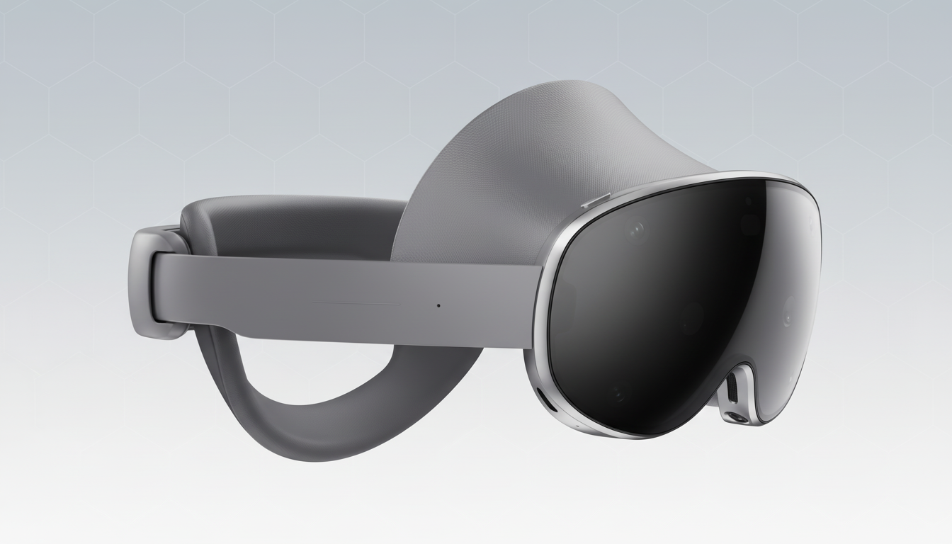 A gray and black virtual reality headset with a sleek design, presented on a professional light gray background with a subtle hexagonal pattern.