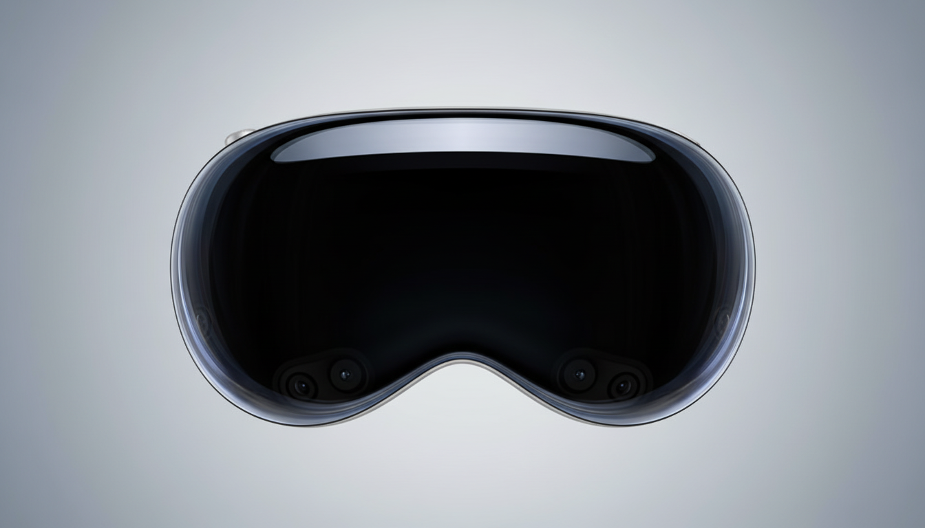 A sleek, dark virtual reality headset with a reflective front panel, presented on a professional flat design background with a soft gradient.