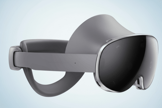 A professional , enhanced image of the Meta Quest Pro VR headset in a 16 :9 aspect ratio , featuring a subtle light blue gradient background .