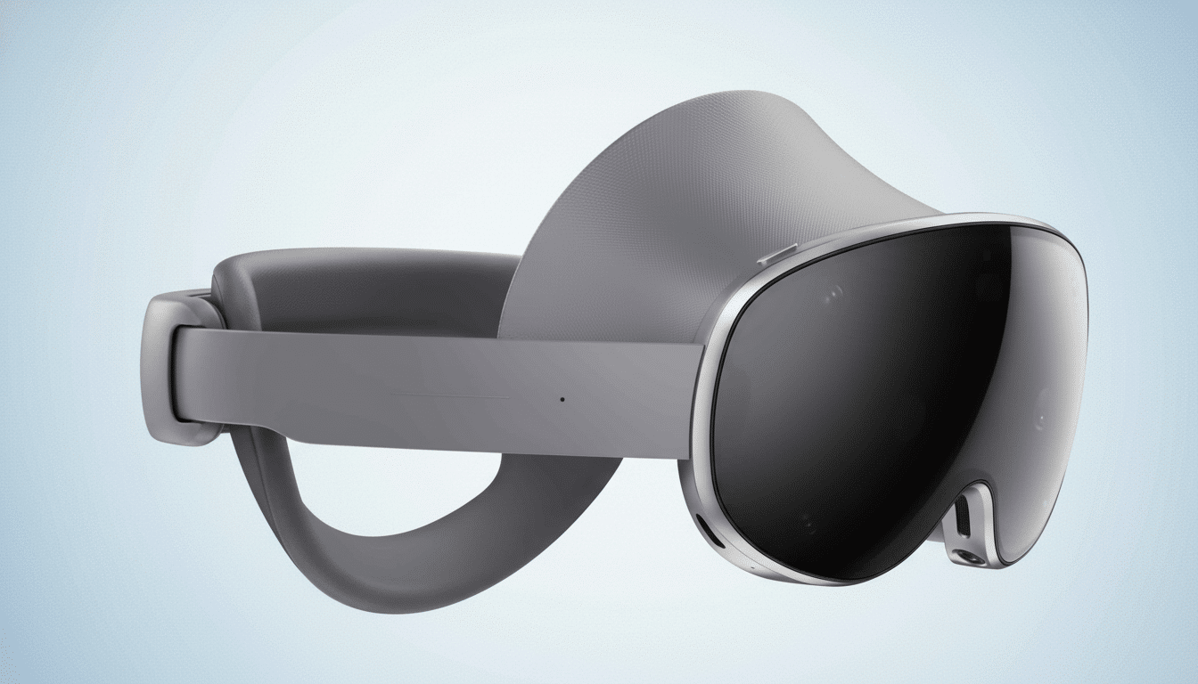 A professional , enhanced image of the Meta Quest Pro VR headset in a 16 :9 aspect ratio , featuring a subtle light blue gradient background .