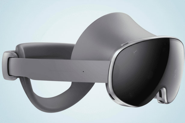A professional , enhanced image of the Meta Quest Pro VR headset with a soft blue gradient background.