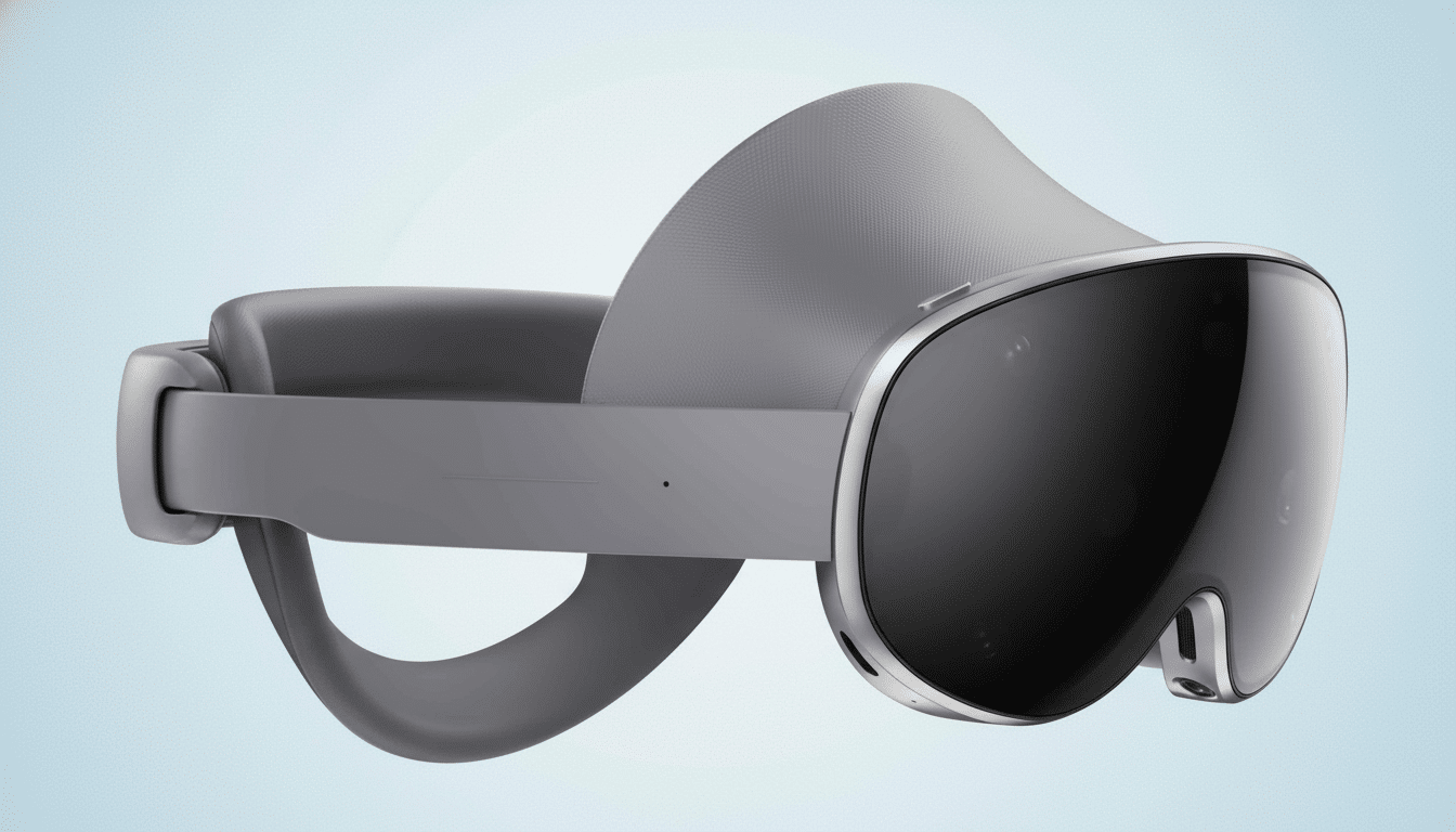 A professional , enhanced image of the Meta Quest Pro VR headset with a soft blue gradient background.