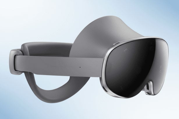 A professional , eye-level shot of a Meta Quest Pro VR headset with a subtle blue gradient background.