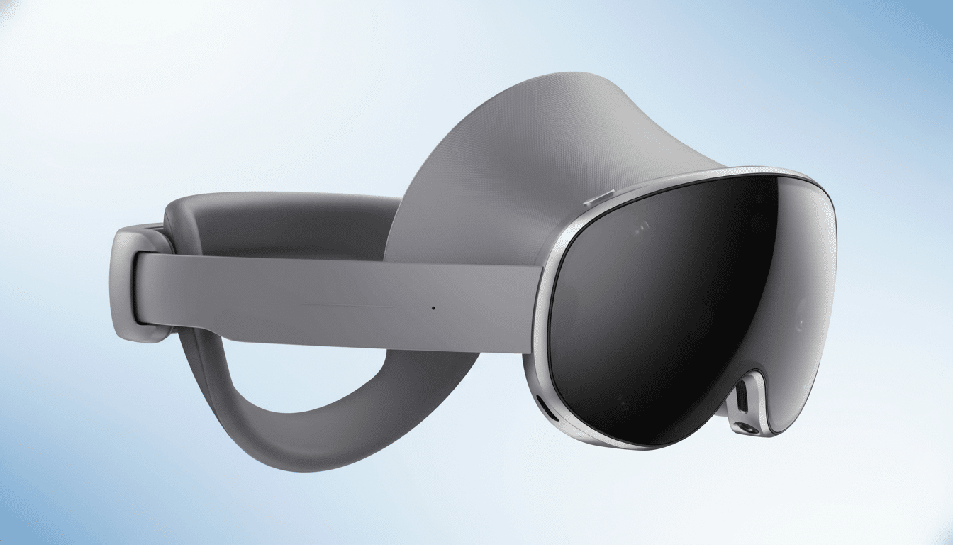 A professional , eye-level shot of a Meta Quest Pro VR headset with a subtle blue gradient background.