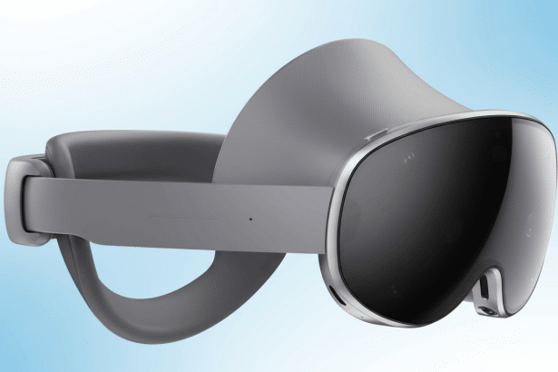 A professional shot of a Meta Quest Pro virtual reality headset with a light blue gradient background.