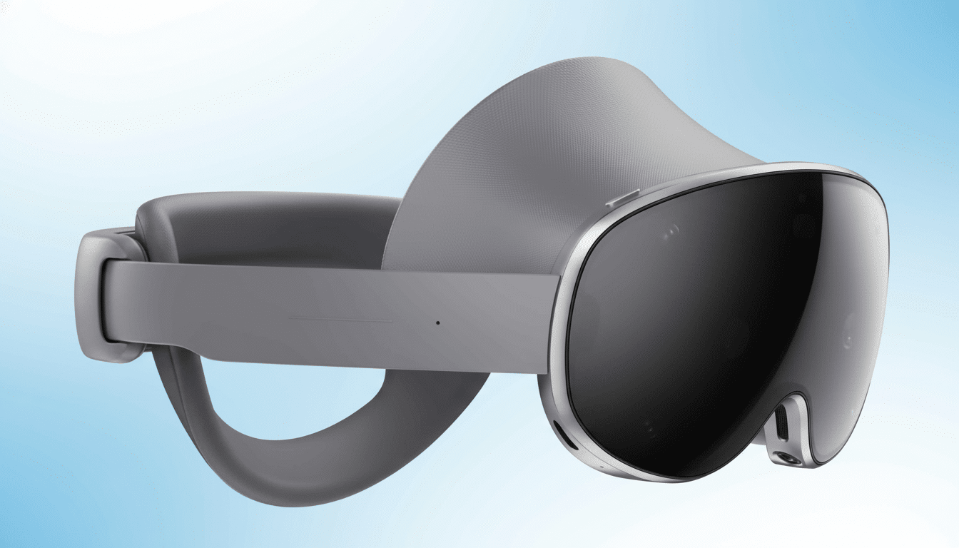 A professional shot of a Meta Quest Pro virtual reality headset with a light blue gradient background.