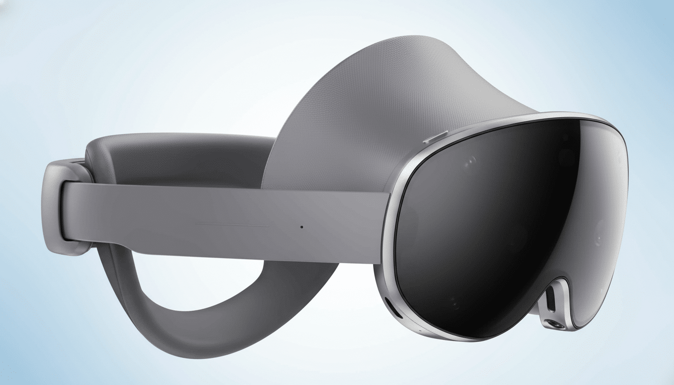 A Meta Quest Pro virtual reality headset with a professional , light blue gradient background.