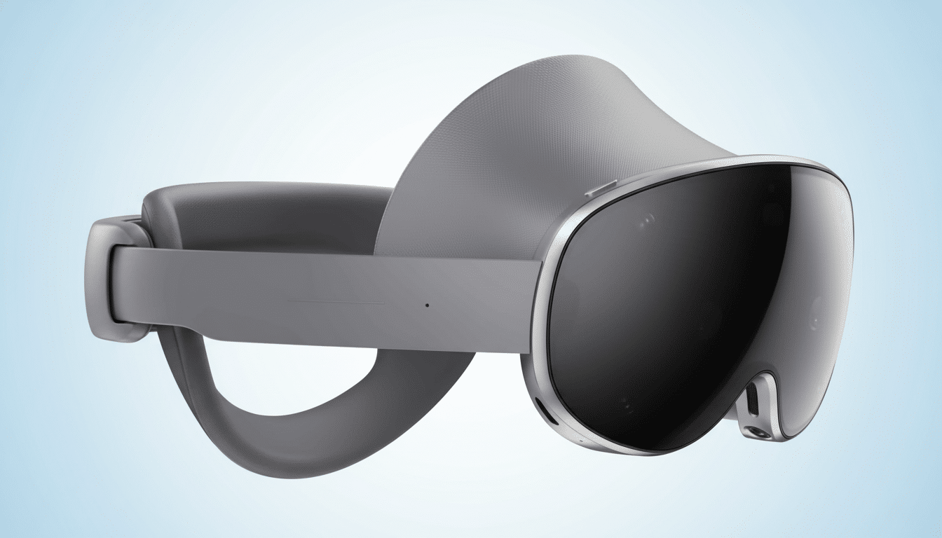 ** A gray Meta Quest Pro VR headset with a dark visor , shown at an angle, against a soft blue gradient background. **