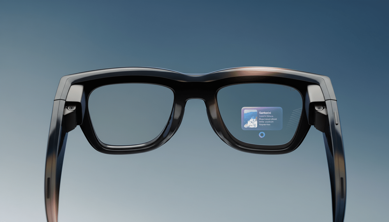 Smart glasses displaying an augmented reality overlay for Santorini. Filename : smartglasses santorini. png