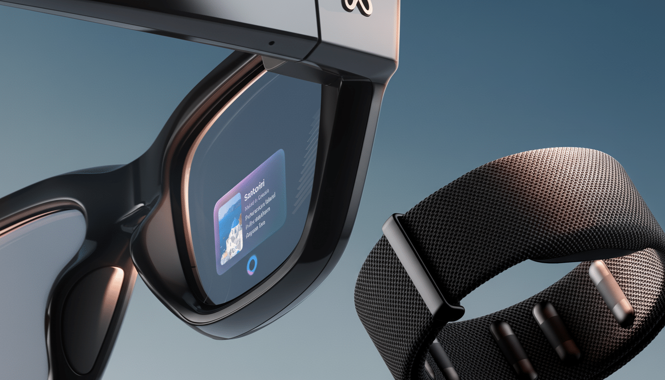 Close -up of black smart glasses displaying a  Santorini notification and a black smart wristband.