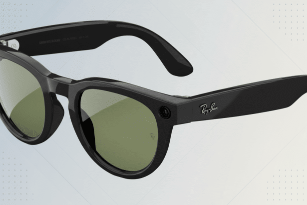 A pair of black Ray- Ban smart glasses with green tinted lenses, presented at a 16 :9 aspect ratio with a professional light blue and gray gradient background featuring subtle geometric patterns. Filename : rayban smartglasses professional . png