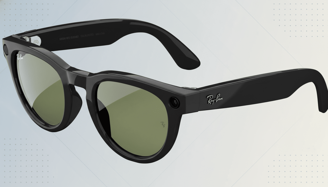 A pair of black Ray- Ban smart glasses with green tinted lenses, presented at a 16 :9 aspect ratio with a professional light blue and gray gradient background featuring subtle geometric patterns. Filename : rayban smartglasses professional . png