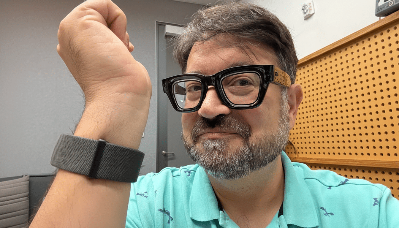 A man with a beard and glasses, wearing a teal polo shirt and a gray wristband, smiling at the camera.