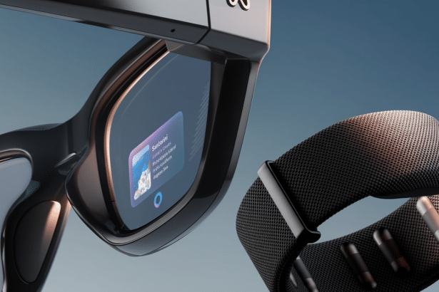 A close -up shot of smart glasses with a digital interface showing Santorini and a textured smart band, set against a clean blue background.