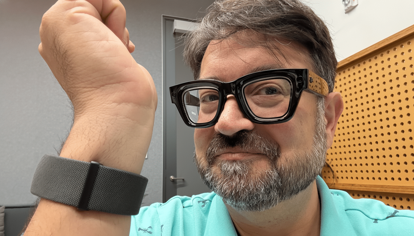 A man with glasses and a beard, wearing a teal shirt and a grey wrist band, looks at the camera.