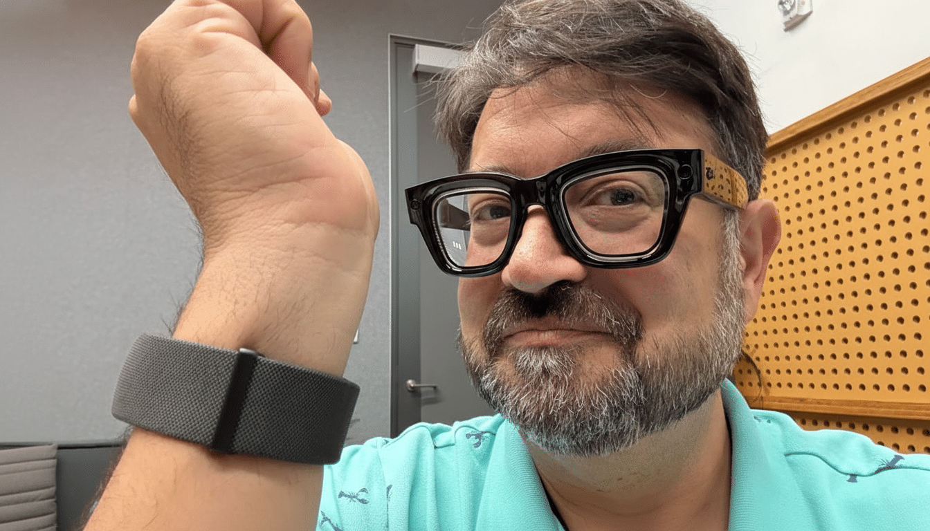 A man with a beard and glasses, wearing a teal shirt and a gray wristband , smiles at the camera.