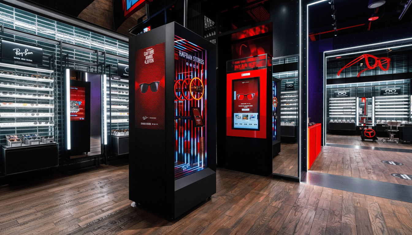 A modern Ray- Ban store interior with interactive displays and shelves of eyewear, resized to a 1 6:9 aspect ratio. Filename : rayban storeinterior 16 9. png