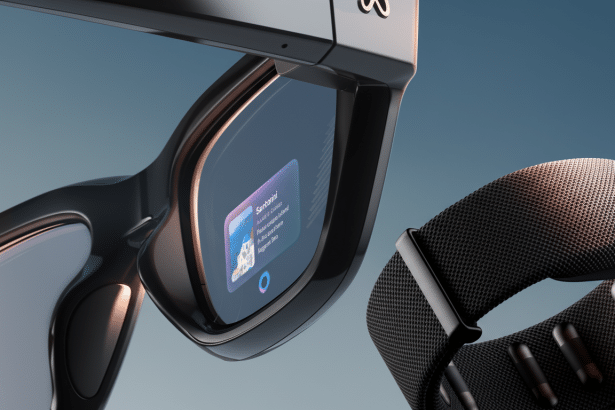 A close -up shot of smart glasses with a digital display showing Santorini and a matching smart band , professionally enhanced and resized to a 16: 9 aspect ratio.