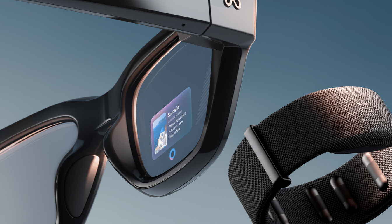 A close -up shot of smart glasses with a digital display showing Santorini and a matching smart band , professionally enhanced and resized to a 16: 9 aspect ratio.
