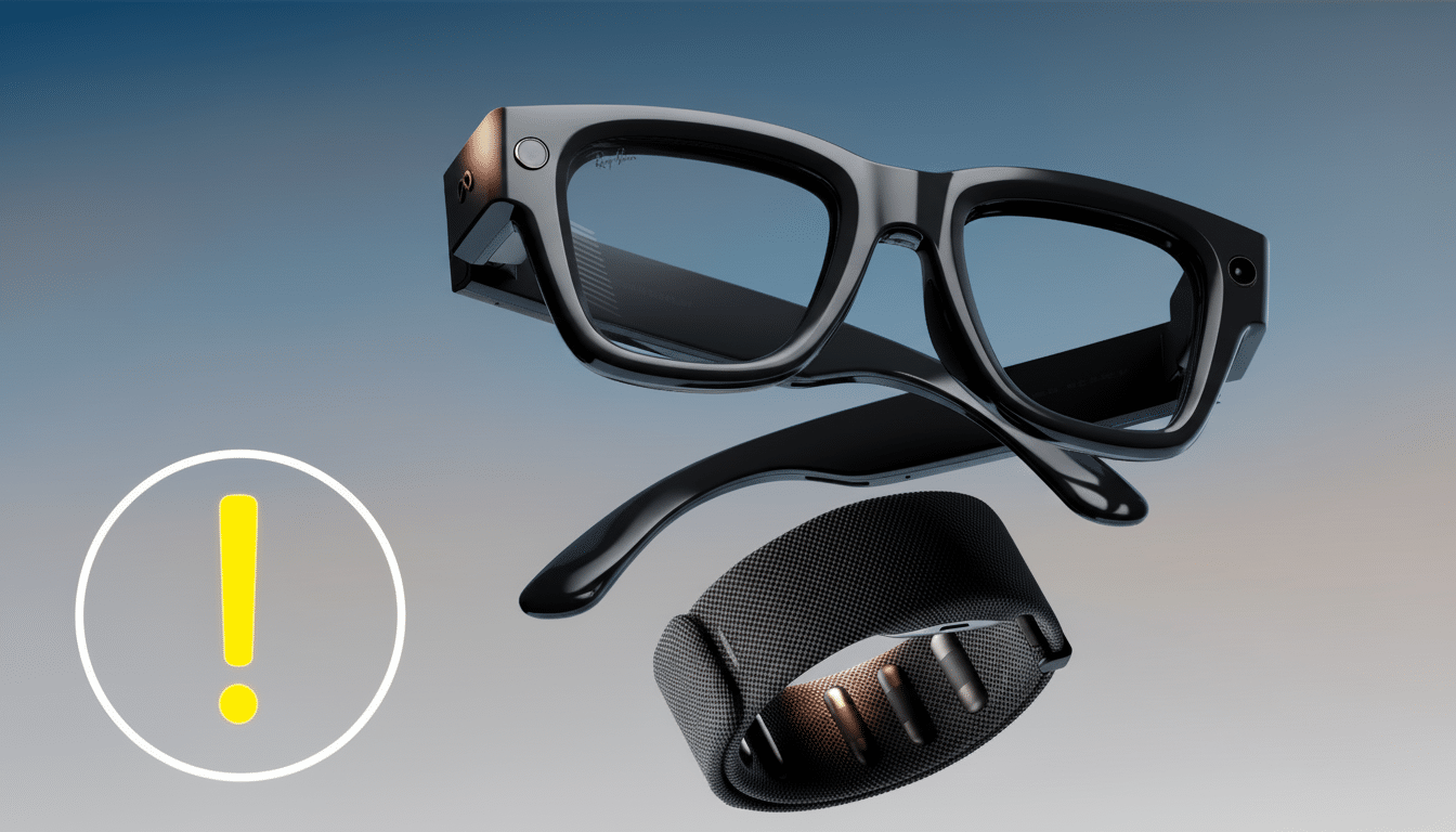 Black smart glasses and a wearable device floating with an exclamation mark icon on a gradient background .
