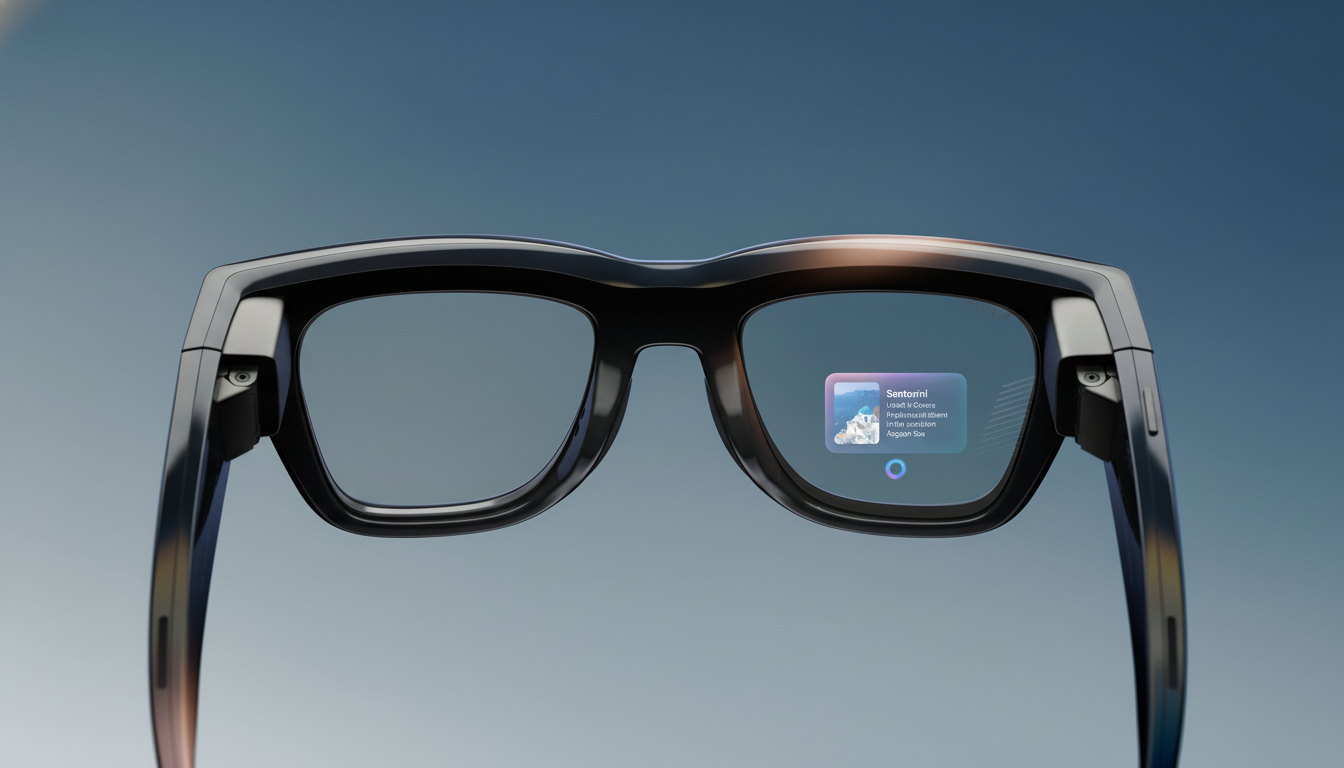 A pair of black smart glasses with a digital display showing information about Santorini.