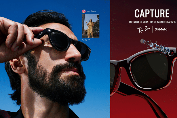 A man wearing Ray- Ban smart glasses with an Instagram feed overlaying his vision , next to a close- up of the glasses with CAPTURE THE NEXT GENERATION OF SMART GLASSES Ray -Ban | Meta text on a red background.