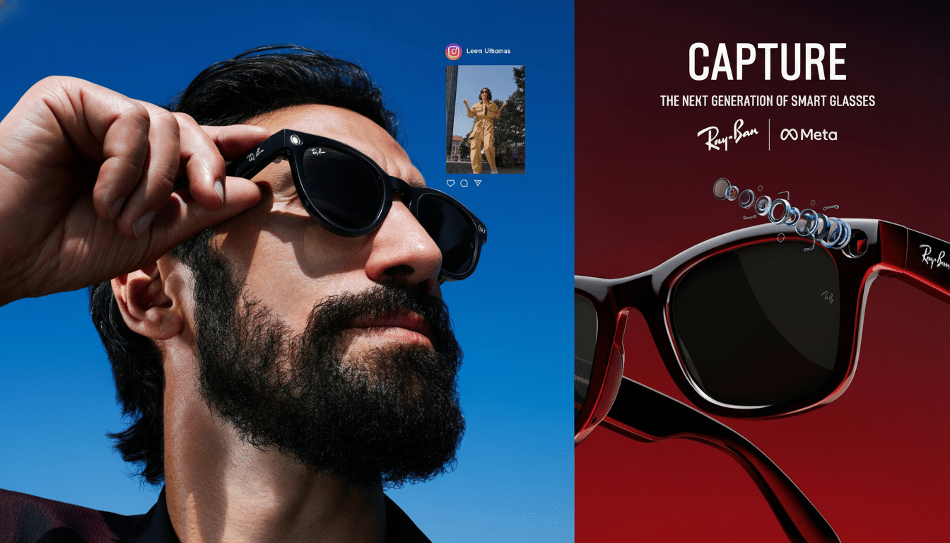 A man wearing Ray- Ban smart glasses with an Instagram feed overlaying his vision , next to a close- up of the glasses with CAPTURE THE NEXT GENERATION OF SMART GLASSES Ray -Ban | Meta text on a red background.