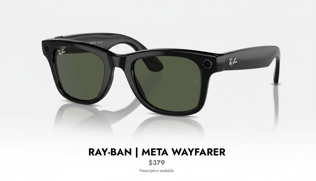 Black Ray -Ban Meta Way farer smart glasses with dark lenses on a clean, professional grey background with a subtle gradient.