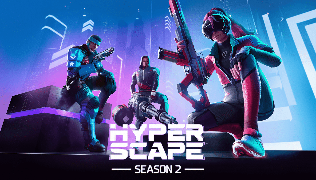 The Hyper Sc ape Season 2 promotional image, featuring three futuristic characters with weapons in a vibrant, neon-lit cityscape .