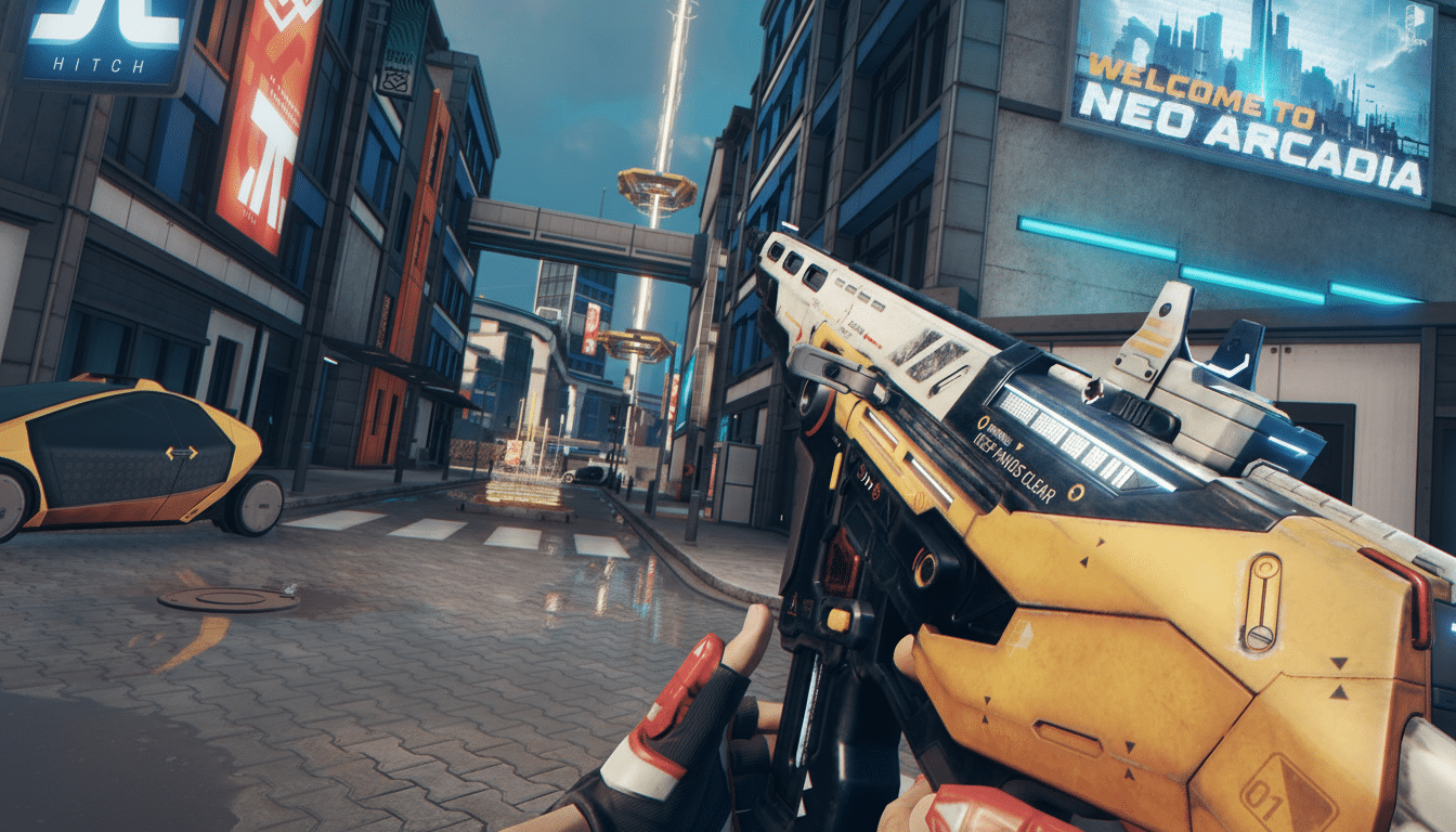 A first -person view in a futuristic city, holding a yellow and black weapon , with a Welcome to Neo Arcadia sign visible .