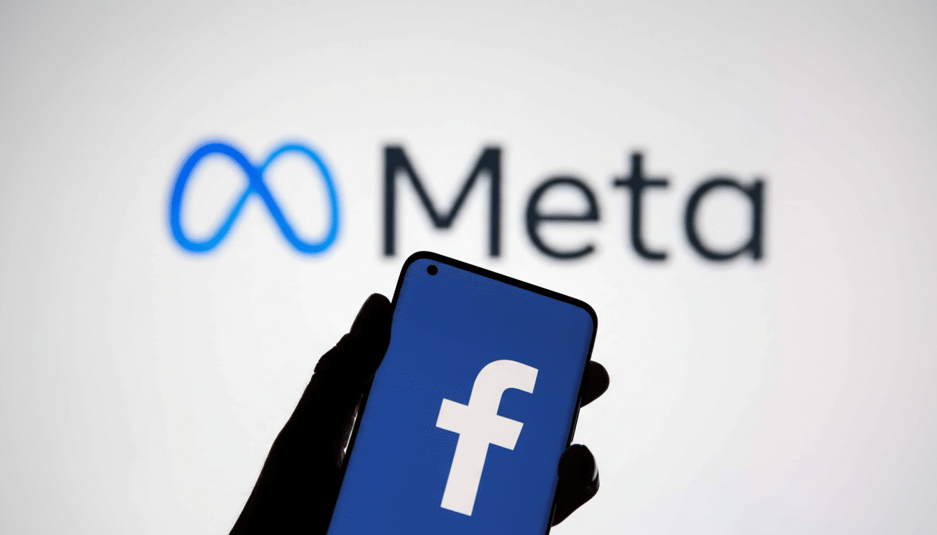 A hand holding a smartphone displaying the Facebook logo against a blurred background of the Meta logo. Filename : meta facebook logophone . png