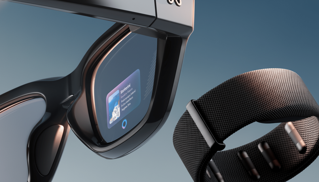 Close -up of black smart glasses displaying a Santorini notification and a black smart wristband.
