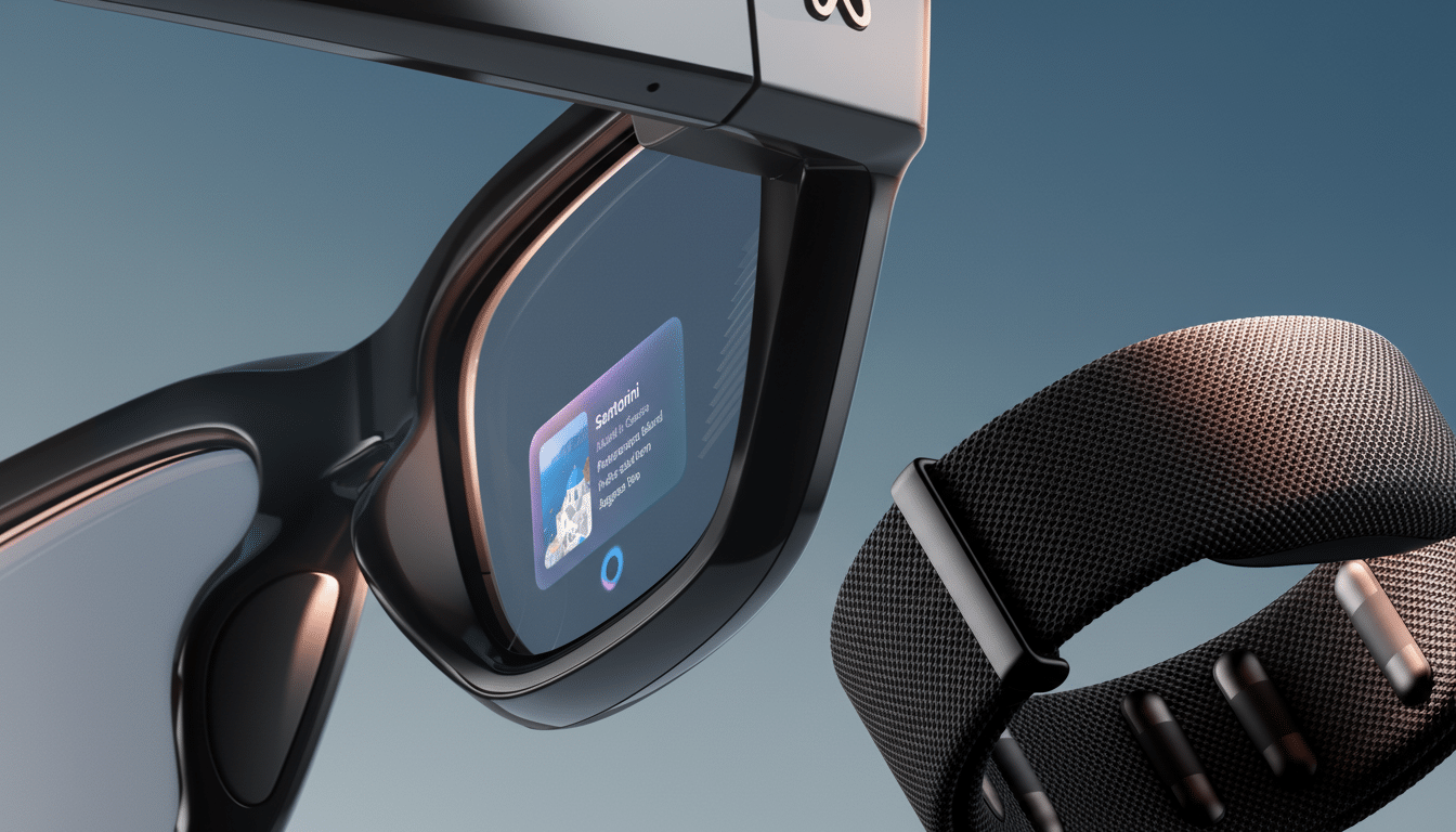 Close -up of black smart glasses displaying  Santorini in augmented reality, next to a black smart band on a soft blue background.