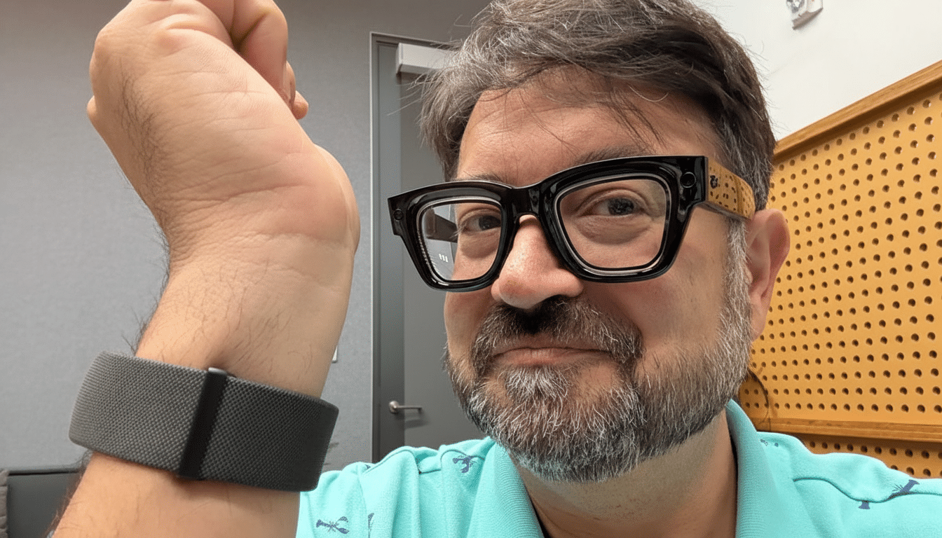 A man with a beard and glasses smiles at the camera, showing off a grey wristband on his raised arm. Filename : man withwrist band. png