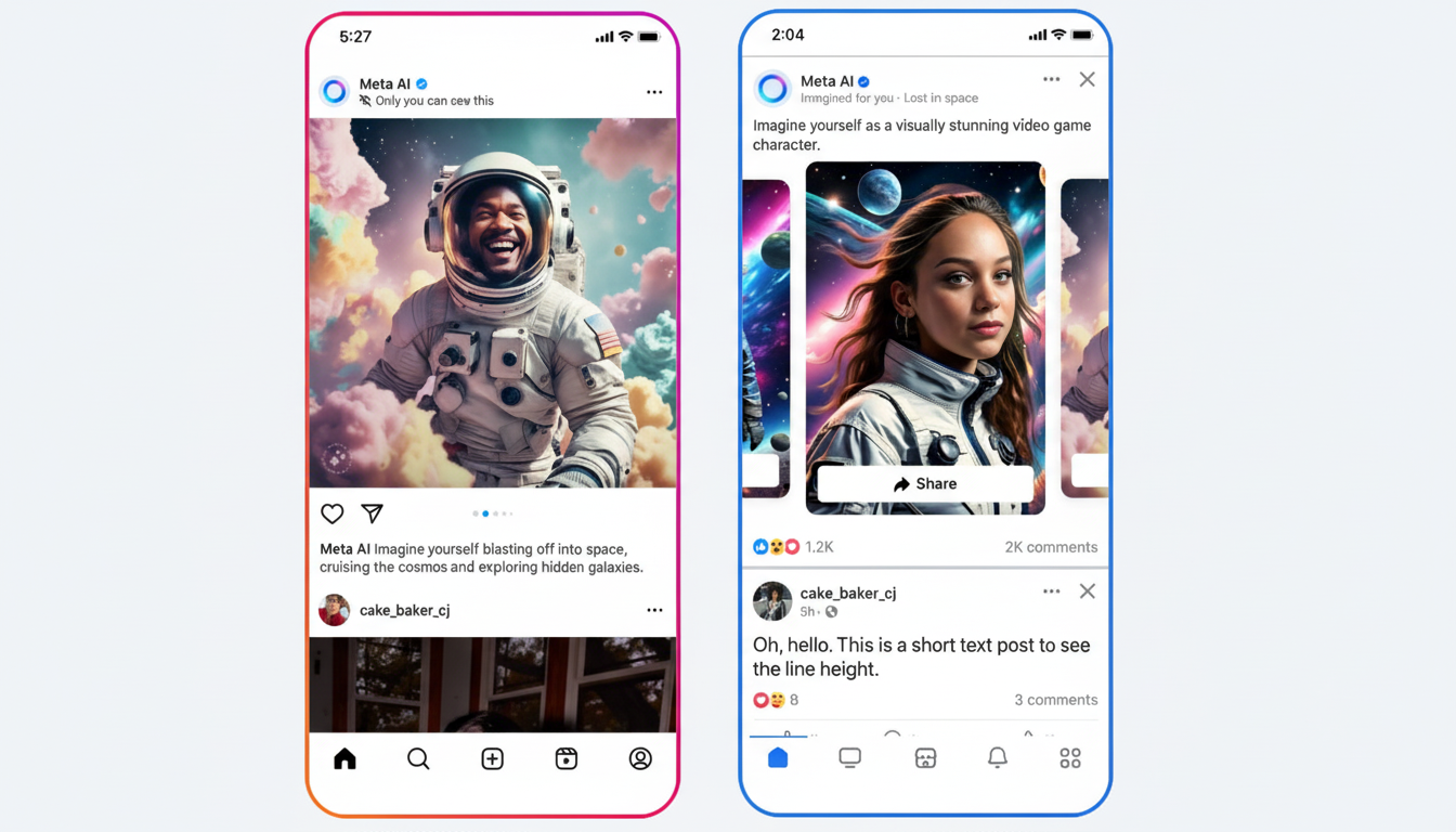 A screenshot of two mobile phone screens displaying social media posts from Meta AI. The left screen shows an Instagram post with an astronaut in a colorful, cloud-like space background. The right screen shows a Facebook post with a woman in an astronaut suit against a cosmic background.