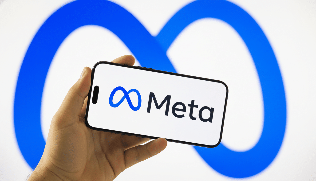 A hand holding a smartphone displaying the Meta logo and name, with a larger, blurred Meta logo in the background, resized to a 16: 9 aspect ratio.