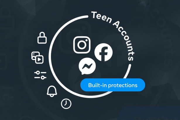 An image explaining built-in protections for teen accounts on social media platforms such as Instagram, Facebook , and Messenger.
