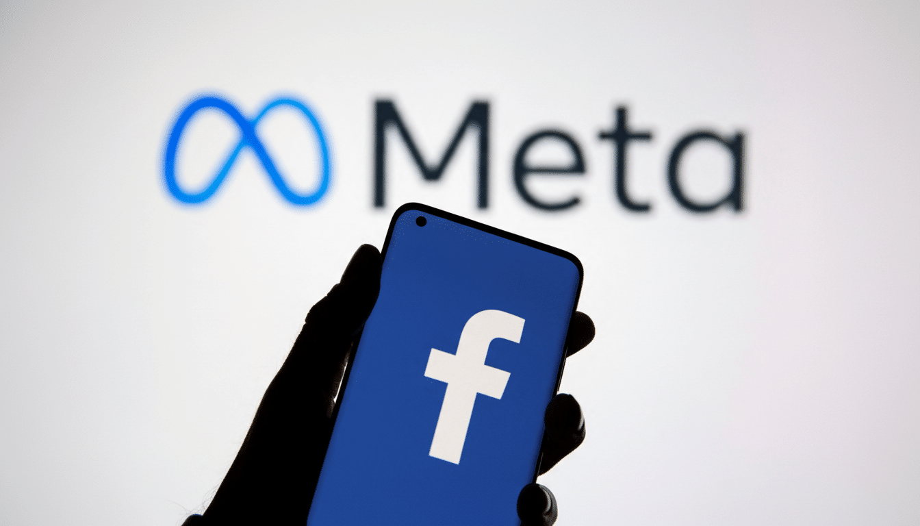 ** A hand holding a smartphone displaying the Facebook logo, with the Meta logo blurred in the background. **