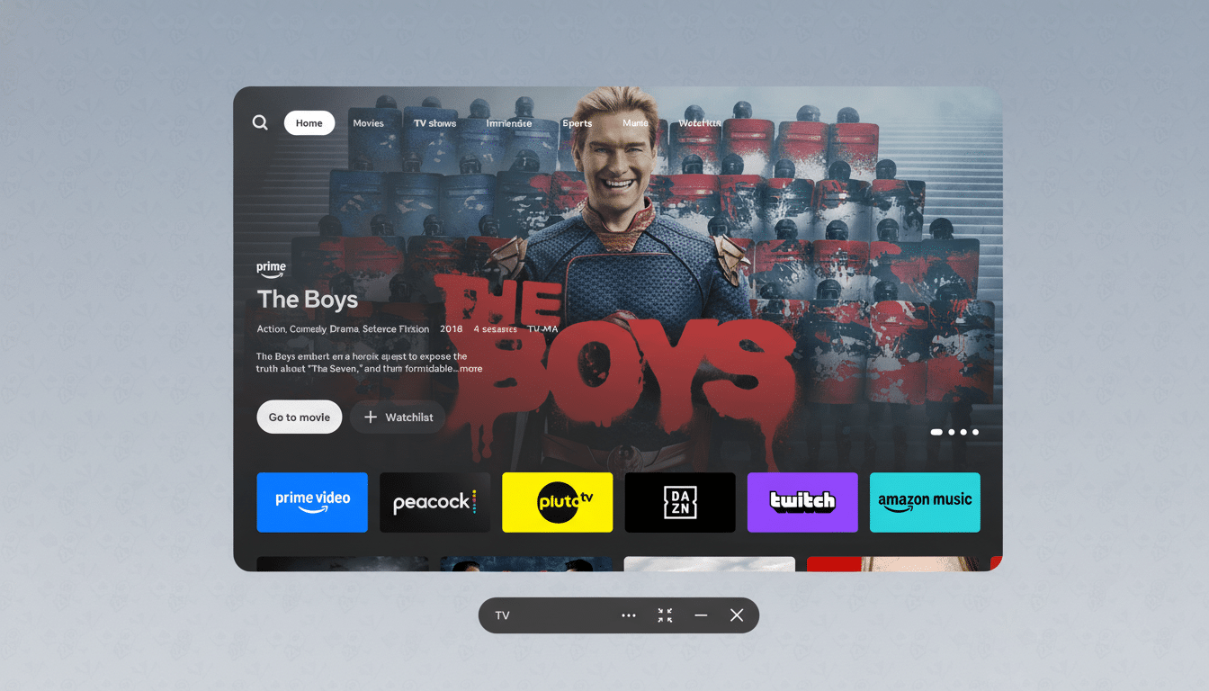 A professional screen capture of a TV streaming interface displaying The Boys show details , with the background replaced by a subtle gray pattern.