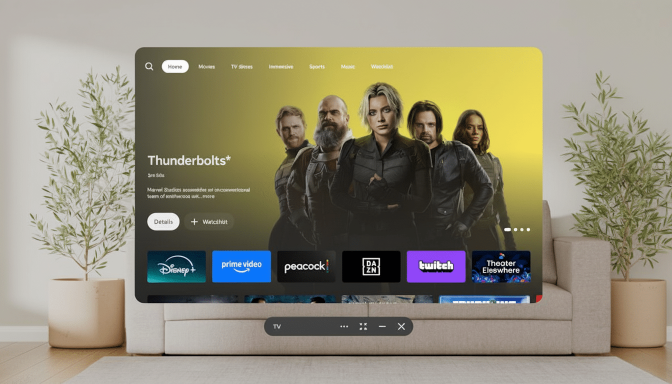 A wide shot of a modern living room featuring a couch, two potted plants, and a television screen displaying the  Thunderbolts movie on a streaming service.