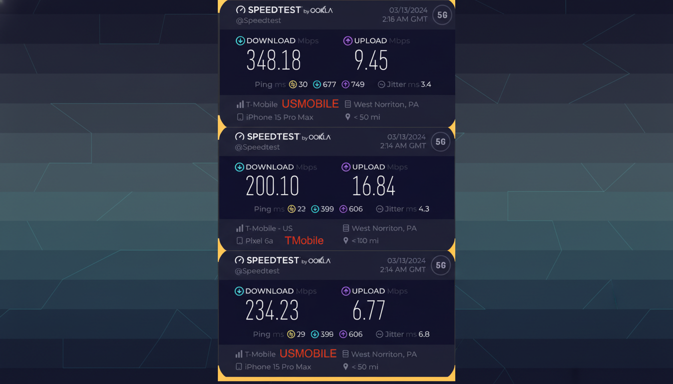 A professionally enhanced image of three Speedtest results, each showing download and upload speeds, ping, jitter, and network information, resized to a 16:9 aspect ratio with a subtle gradient background.