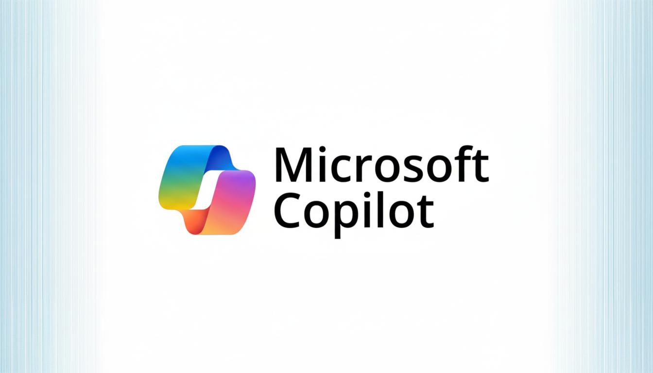 The Microsoft Copilot logo and text on a white background with subtle blue vertical lines on the sides.