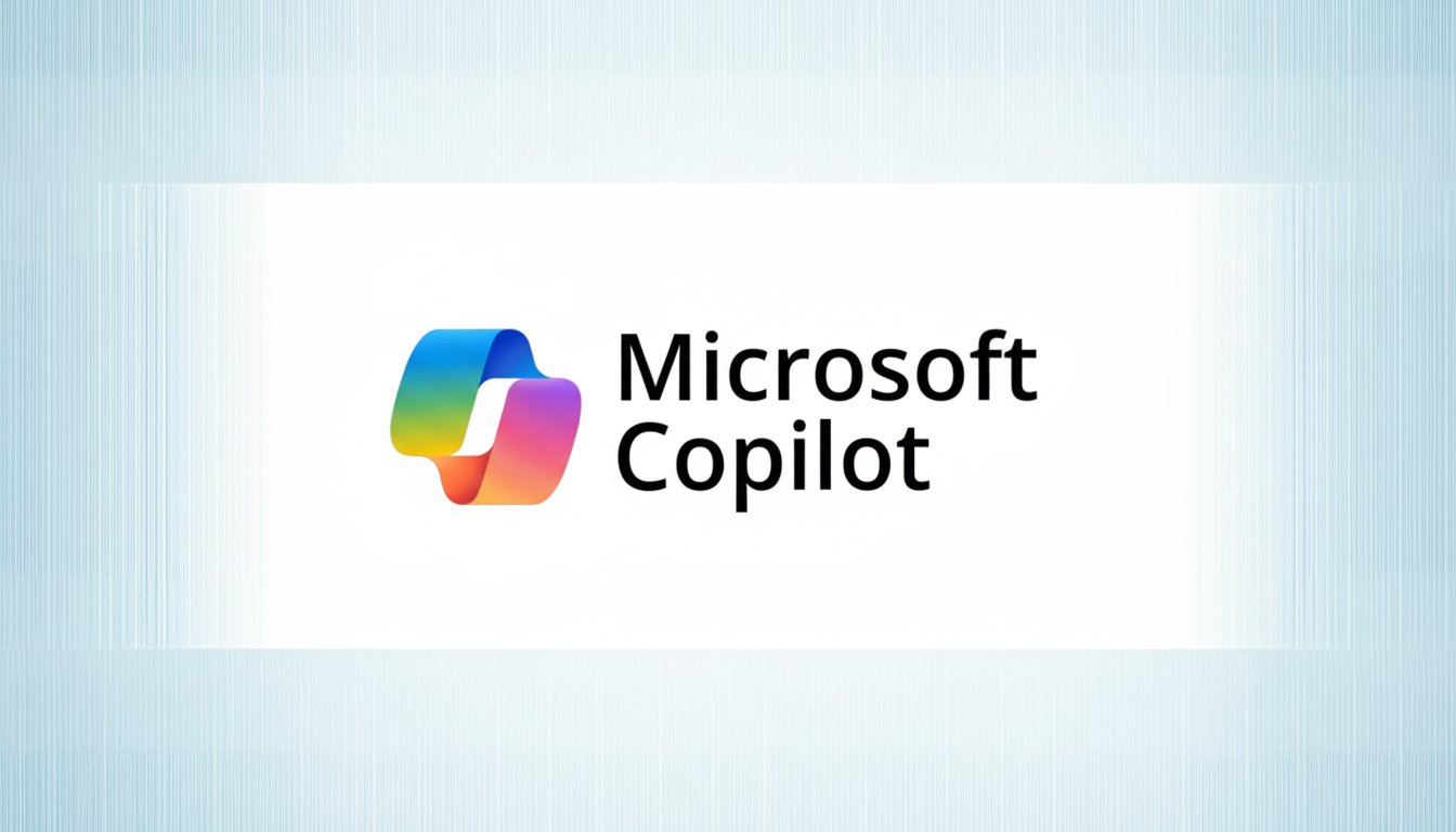 The Microsoft Copilot logo and text on a white background, centered within a light blue patterned frame.