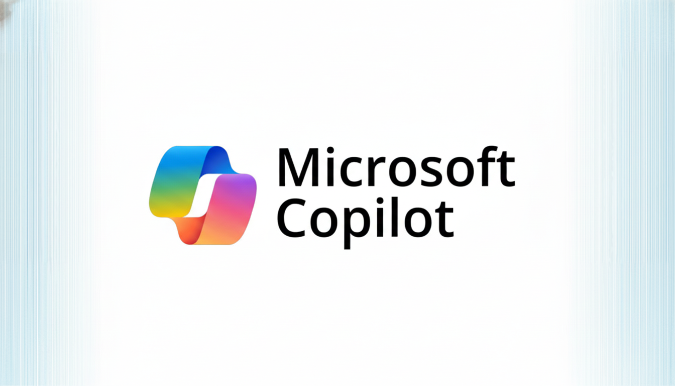 The Microsoft Copilot logo and text on a white background with subtle blue vertical lines on the sides.