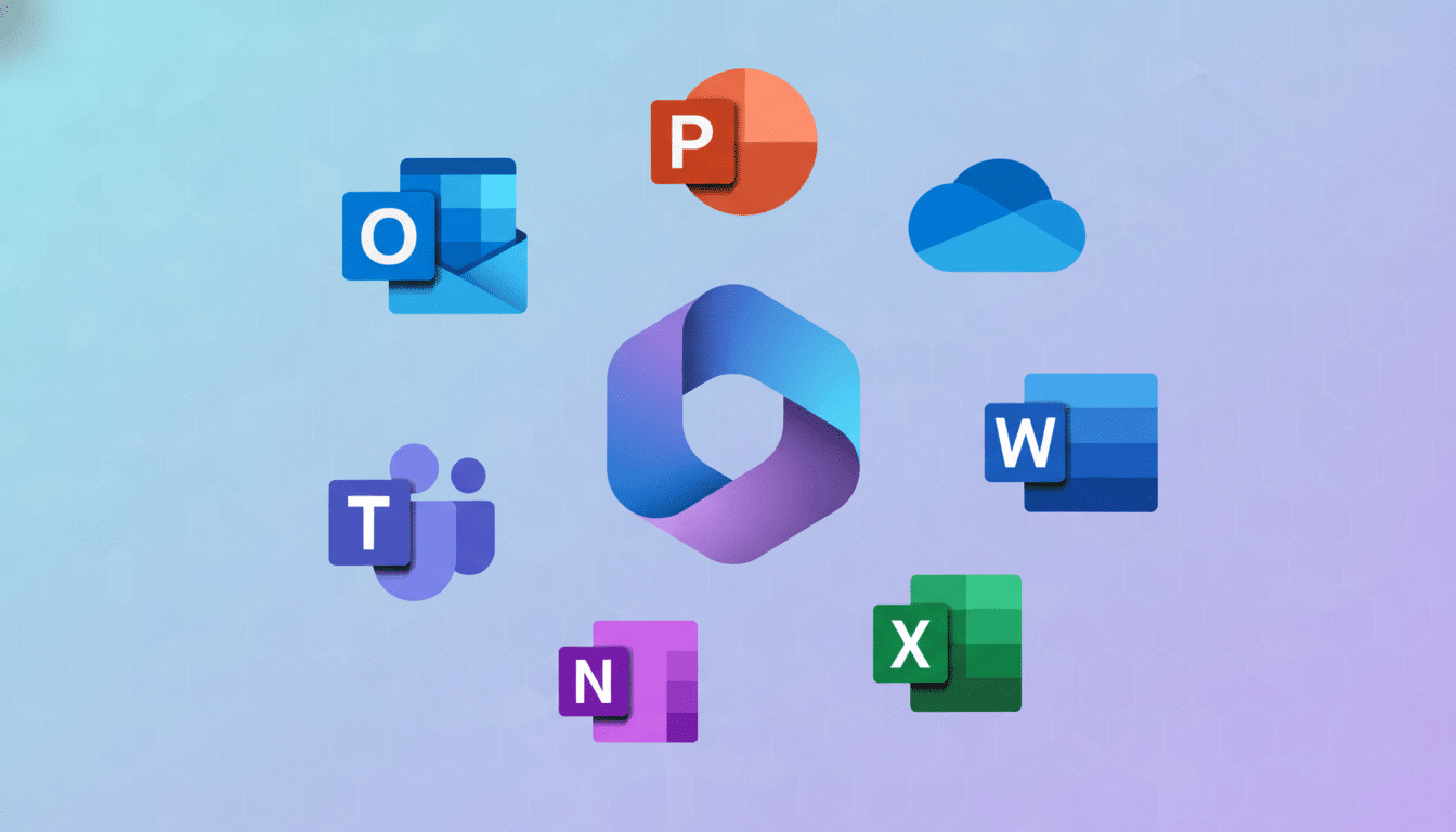 A collage of Microsoft 365 application icons, including Outlook , PowerPoint, OneDrive , Word , Excel, One Note, and Teams, surrounding a central Microsoft 365 logo , all presented on a soft gradient and patterned background.
